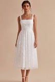 Sequins Square Neck A Line Midi White Dress