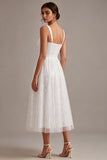 Sequins Square Neck A Line Midi White Dress