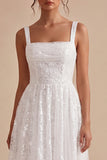 Sequins Square Neck A Line Midi White Dress