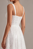 Sequins Square Neck A Line Midi White Dress