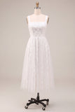 Sequins Square Neck A Line Midi White Dress