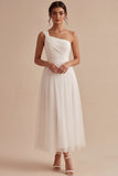 A Line One Shoulder Tulle Midi White Dress