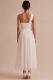 A Line One Shoulder Tulle Midi White Dress
