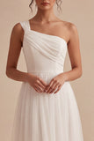 A Line One Shoulder Tulle Midi White Dress