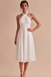 Halter A Line Lace Midi White Dress