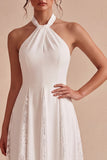 Halter A Line Lace Midi White Dress