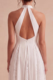 Halter A Line Lace Midi White Dress