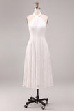 Halter A Line Lace Midi White Dress
