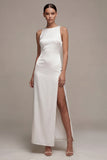Round Neck Sheath Satin Maxi White Dress With Slit
