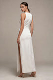 Round Neck Sheath Satin Maxi White Dress With Slit