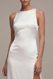 Round Neck Sheath Satin Maxi White Dress With Slit