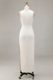 Round Neck Sheath Satin Maxi White Dress With Slit