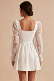 A Line Square Neck Little White Dress With Long Sleeves