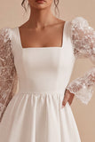 A Line Square Neck Little White Dress With Long Sleeves