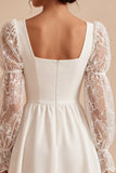 A Line Square Neck Little White Dress With Long Sleeves