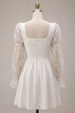 A Line Square Neck Little White Dress With Long Sleeves