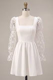 A Line Square Neck Little White Dress With Long Sleeves