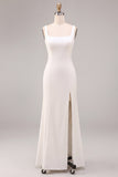 Mermaid Square Neck White Wedding Dress With Slit