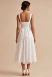 A Line Cut Out Lace Midi White Dress With Pockets