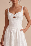 A Line Cut Out Lace Midi White Dress With Pockets
