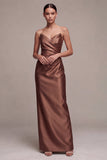 Strapless Coffee Satin Sheath Maxi Formal Dress