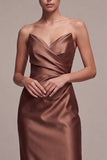 Strapless Coffee Satin Sheath Maxi Formal Dress