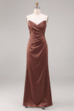 Strapless Coffee Satin Sheath Maxi Formal Dress