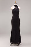 Mermaid Halter Black Lace Maxi Formal Dress