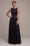 Sparkly A Line Boat Neck Black Lace Maxi Formal Dress