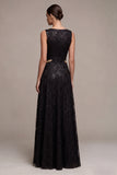 Sparkly A Line Boat Neck Black Lace Maxi Formal Dress