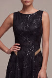 Sparkly A Line Boat Neck Black Lace Maxi Formal Dress
