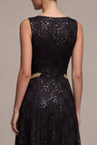 Sparkly A Line Boat Neck Black Lace Maxi Formal Dress