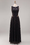 Sparkly A Line Boat Neck Black Lace Maxi Formal Dress