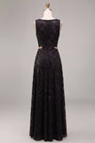 Sparkly A Line Boat Neck Black Lace Maxi Formal Dress