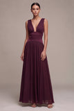 Burgundy A Line Chiffon V-Neck Maxi Formal Dress