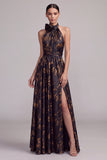 Floral Halter Black A Line Maxi Formal Dress With Slit