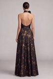 Floral Halter Black A Line Maxi Formal Dress With Slit