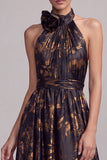 Floral Halter Black A Line Maxi Formal Dress With Slit