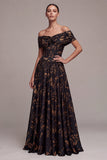 Off The Shoulder Floral Black A Line Maxi Formal Dress