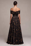 Off The Shoulder Floral Black A Line Maxi Formal Dress