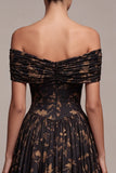 Off The Shoulder Floral Black A Line Maxi Formal Dress