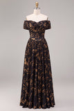 Off The Shoulder Floral Black A Line Maxi Formal Dress