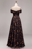 Off The Shoulder Floral Black A Line Maxi Formal Dress