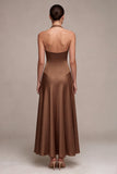 Halter A Line Coffee Satin Maxi Formal Dress