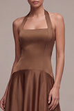 Halter A Line Coffee Satin Maxi Formal Dress