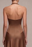 Halter A Line Coffee Satin Maxi Formal Dress