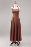 Halter A Line Coffee Satin Maxi Formal Dress