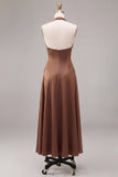 Halter A Line Coffee Satin Maxi Formal Dress