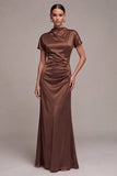 Mermaid Short Sleeve Coffee Satin Maxi Formal Dress