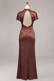 Mermaid Short Sleeve Coffee Satin Maxi Formal Dress